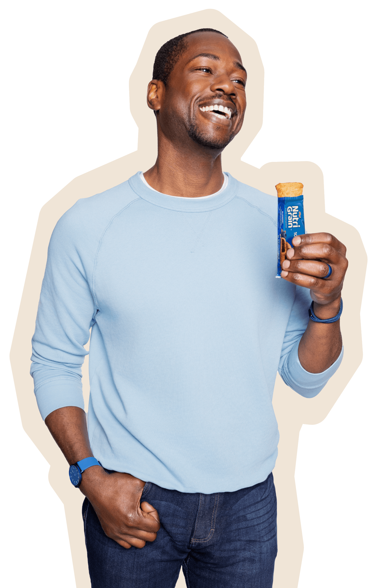 a man enjoying a Nutri-grain bar snack